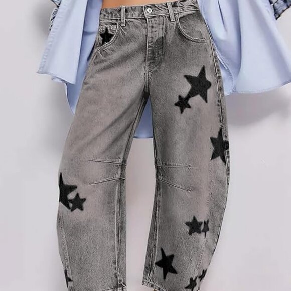 Night Sky Grey/Black Contrasting Stars Baggy Barrel Cut Boyfriend Jeans Pants - Picture 4 of 7